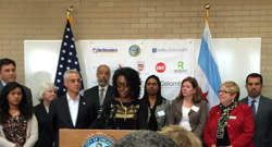 Mayor Rahm Emanuel, Chancellor Cheryl Hyman from the City Colleges, and representatives from other universities announce additions to the Star Partnership program.