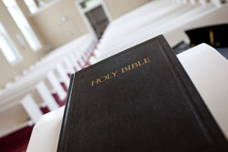 The Bible on a pulpit in Isaacson Chapel.