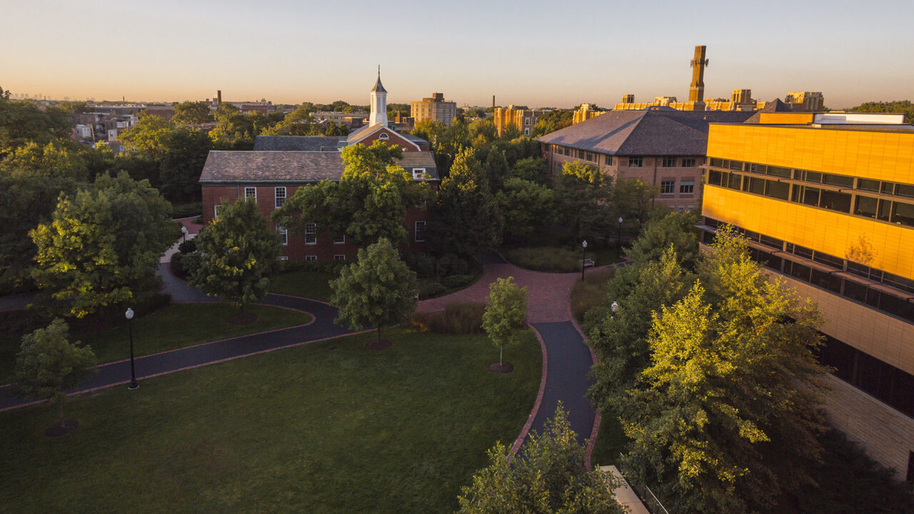 Aerial view of North Park Campus, overlooking greenspace, walkways, and seminary building steeple.